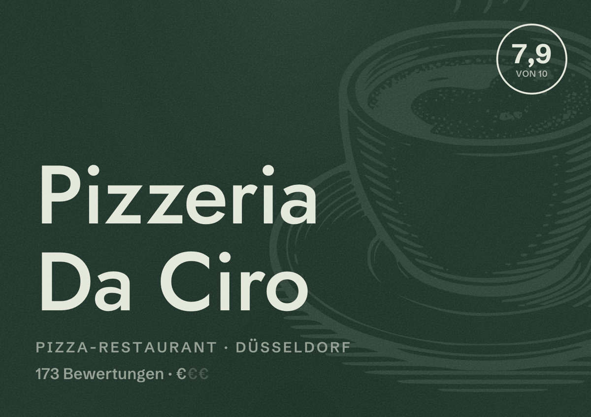 Illustriertes Poster von Pizzeria Da Ciro, Pizza-Restaurant in Düsseldorf: Bewertung 7,9 von 10 aus 173 Bewertungen, Preisniveau €