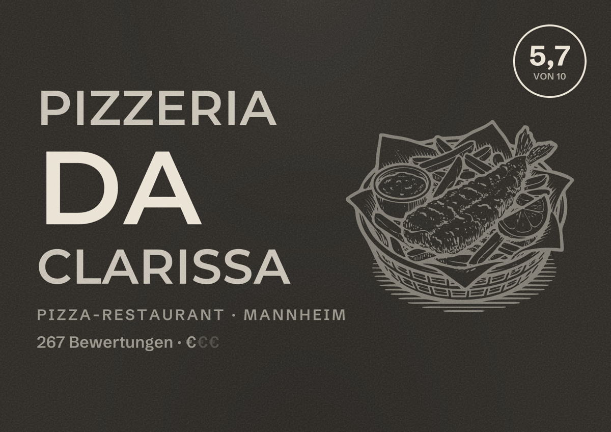 Illustriertes Poster von Pizzeria Da Clarissa, Pizza-Restaurant in Mannheim: Bewertung 5,7 von 10 aus 267 Bewertungen, Preisniveau €