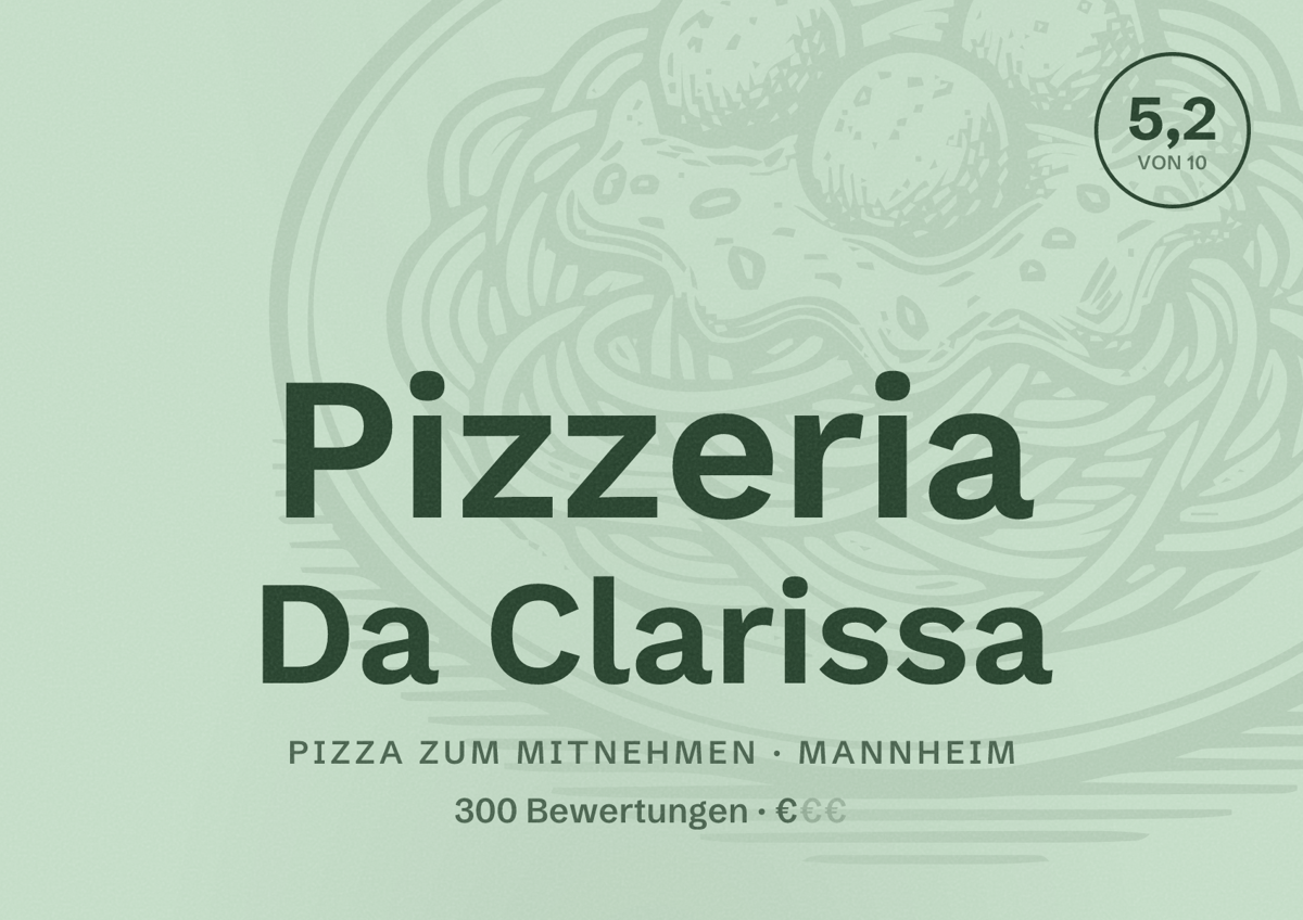 Illustriertes Poster von Pizzeria Da Clarissa, Pizza zum Mitnehmen in Mannheim: Bewertung 5,2 von 10 aus 300 Bewertungen, Preisniveau €