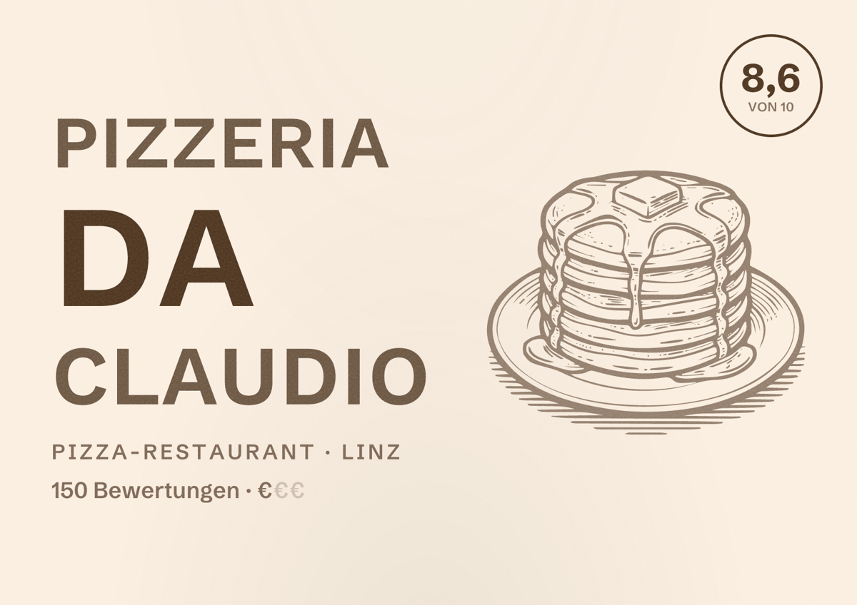Illustriertes Poster von Pizzeria da Claudio, Pizza-Restaurant in Linz: Bewertung 8,6 von 10 aus 150 Bewertungen, Preisniveau €