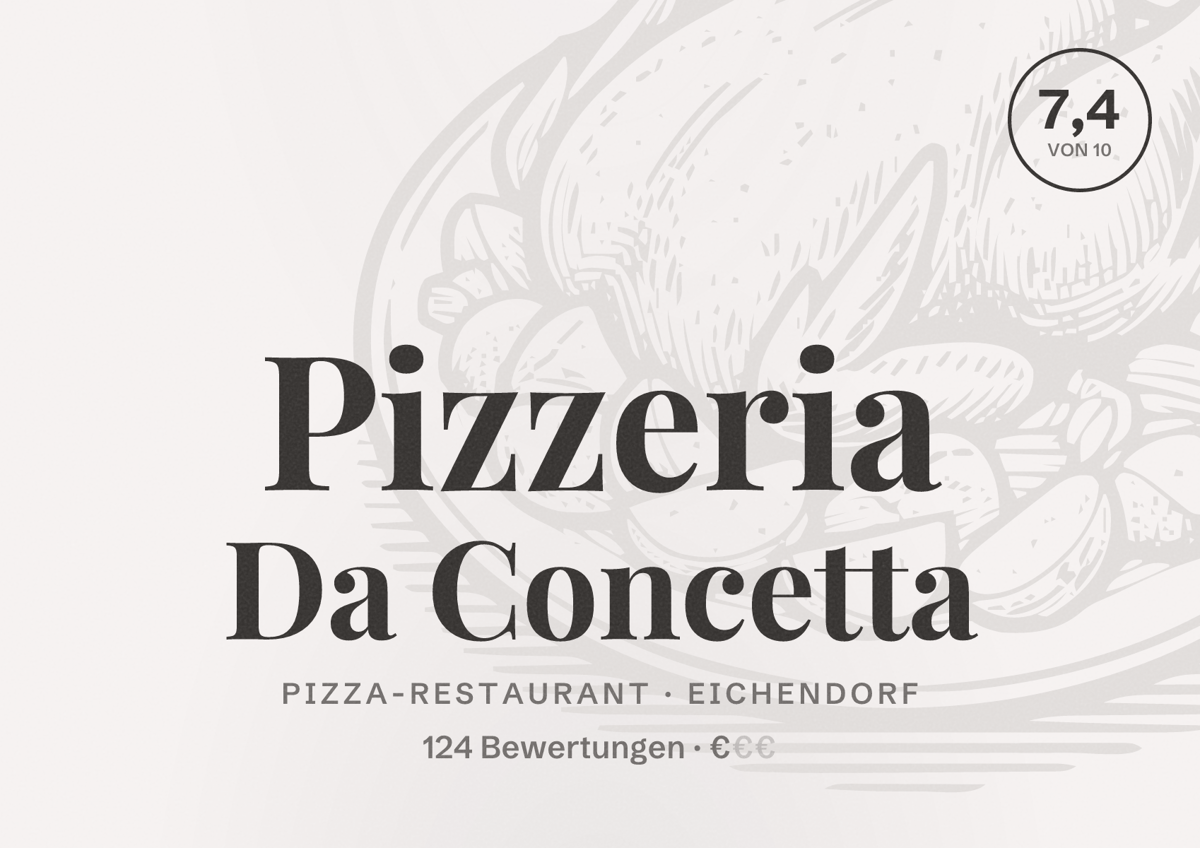 Illustriertes Poster von Pizzeria Da Concetta, Pizza-Restaurant in Eichendorf: Bewertung 7,4 von 10 aus 124 Bewertungen, Preisniveau €