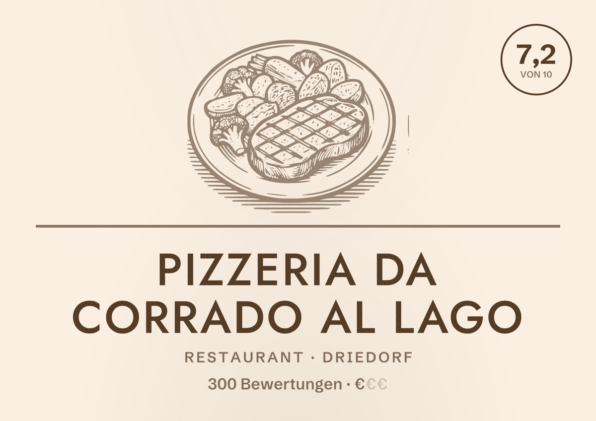 Illustriertes Poster von Pizzeria Da Corrado Al Lago, Restaurant in Driedorf: Bewertung 7,2 von 10 aus 300 Bewertungen, Preisniveau €