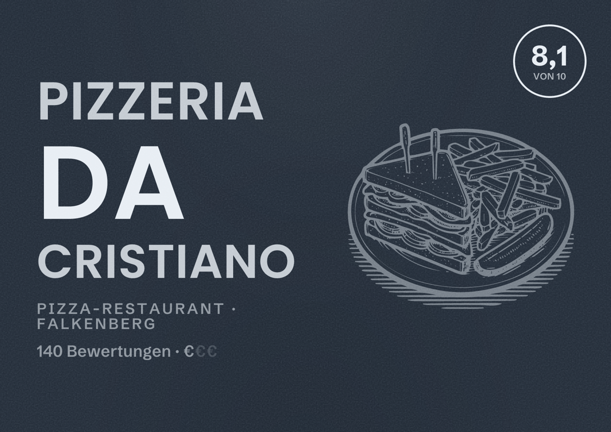 Illustriertes Poster von Pizzeria da Cristiano, Pizza-Restaurant in Falkenberg: Bewertung 8,1 von 10 aus 140 Bewertungen, Preisniveau €
