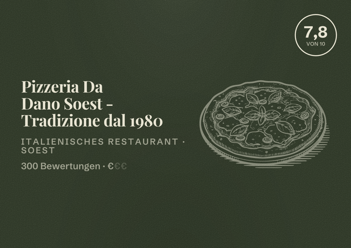 Illustriertes Poster von Pizzeria Da Dano Soest - Tradizione dal 1980, Italienisches Restaurant in Soest: Bewertung 7,8 von 10 aus 300 Bewertungen, Preisniveau €