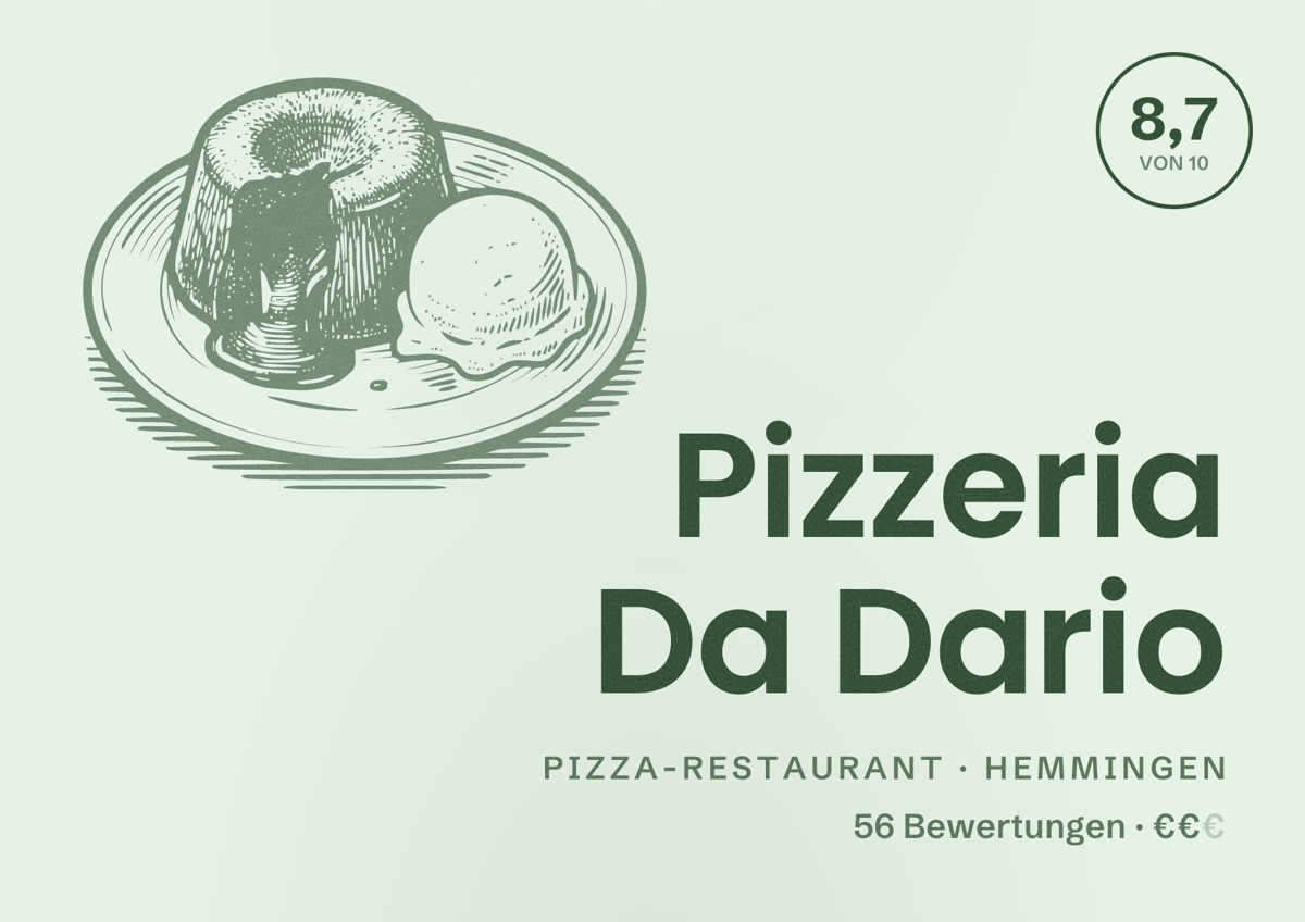 Illustriertes Poster von Pizzeria Da Dario, Pizza-Restaurant in Hemmingen: Bewertung 8,7 von 10 aus 56 Bewertungen, Preisniveau €€