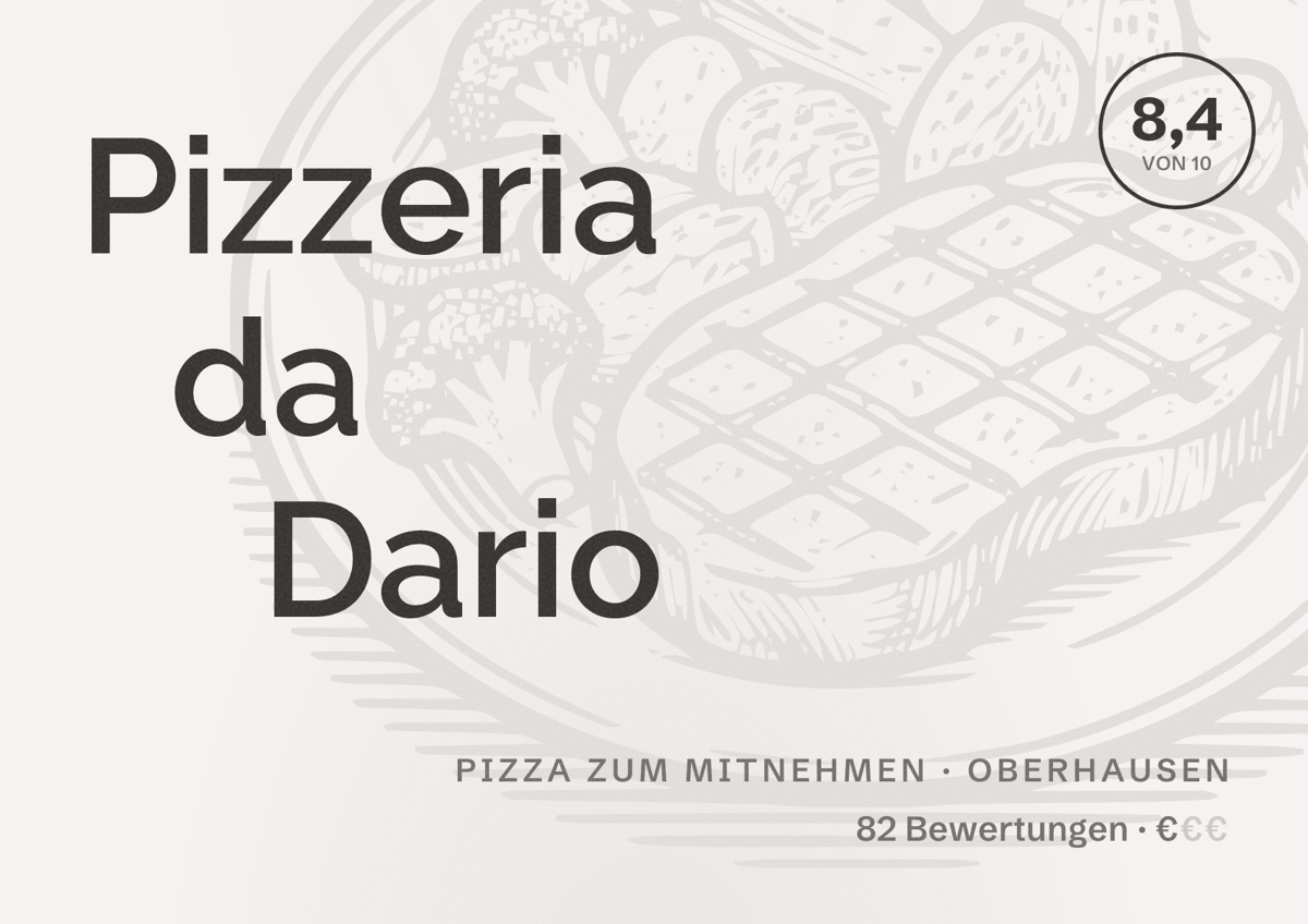 Illustriertes Poster von Pizzeria da Dario, Pizza zum Mitnehmen in Oberhausen: Bewertung 8,4 von 10 aus 82 Bewertungen, Preisniveau €