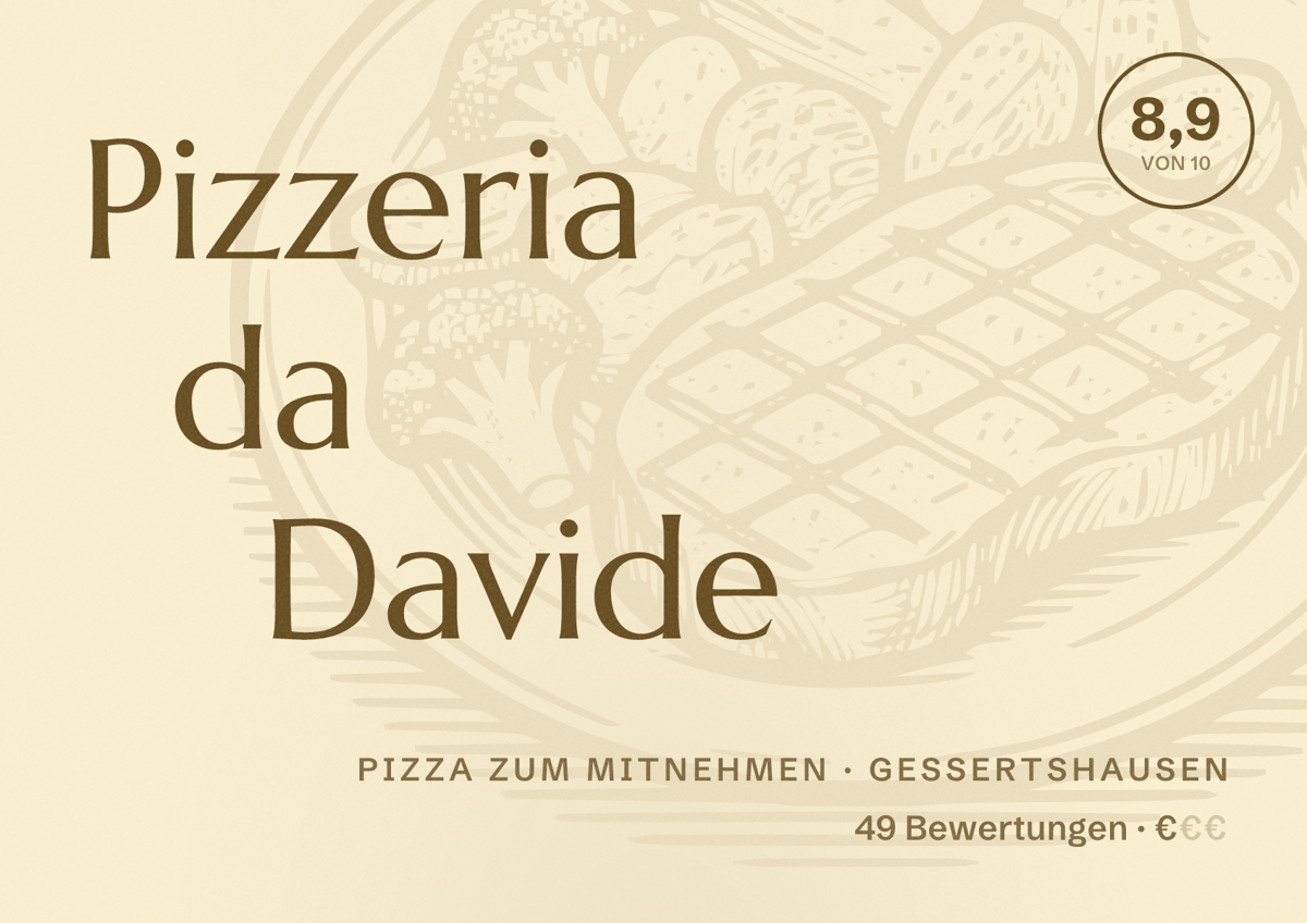 Illustriertes Poster von Pizzeria da Davide, Pizza zum Mitnehmen in Gessertshausen: Bewertung 8,9 von 10 aus 49 Bewertungen, Preisniveau €