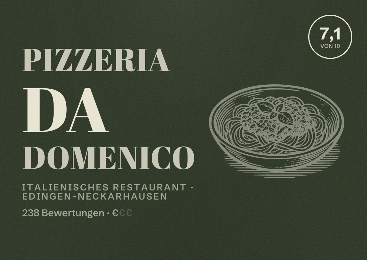 Illustriertes Poster von Pizzeria Da Domenico, Italienisches Restaurant in Edingen-Neckarhausen: Bewertung 7,1 von 10 aus 238 Bewertungen, Preisniveau €