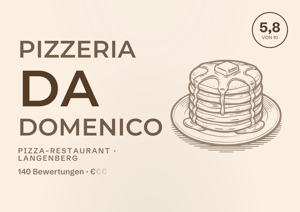 Illustriertes Poster von Pizzeria Da Domenico, Pizza-Restaurant in Langenberg: Bewertung 5,8 von 10 aus 140 Bewertungen, Preisniveau €