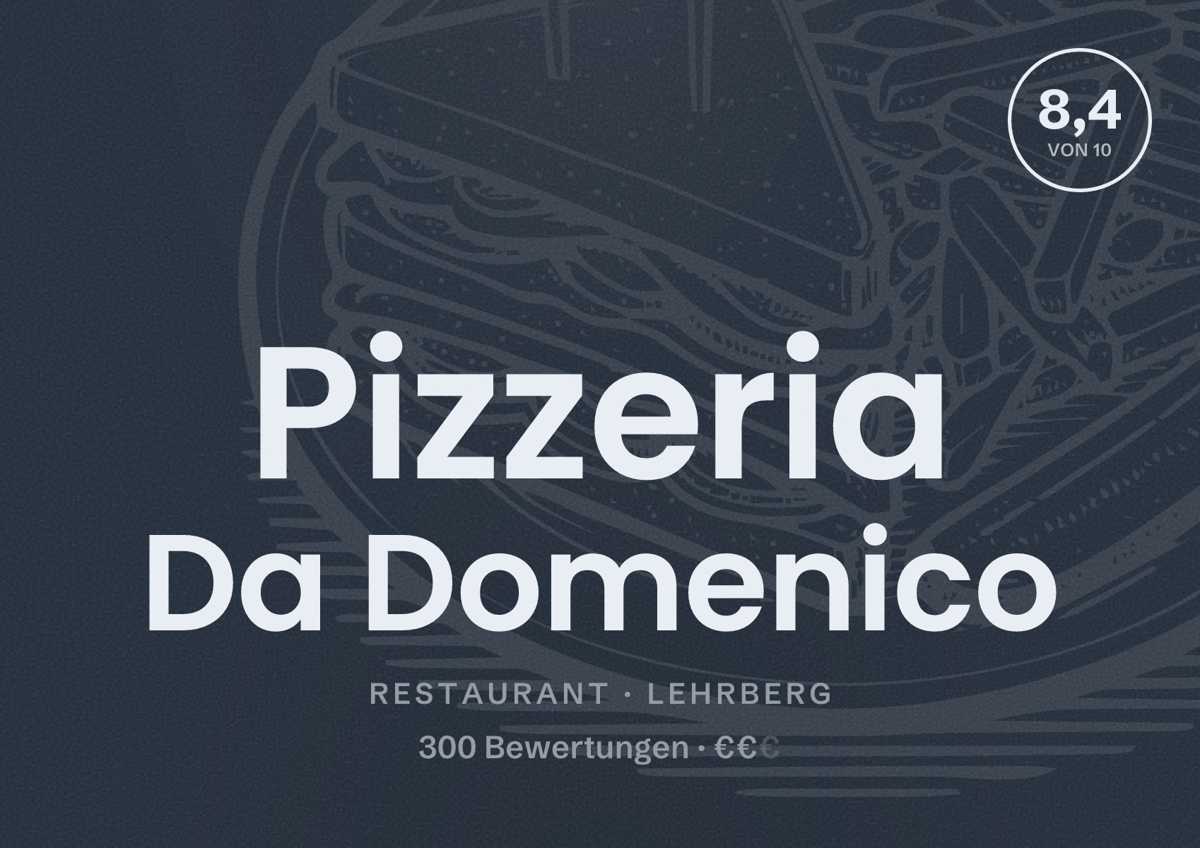 Illustriertes Poster von Pizzeria Da Domenico, Restaurant in Lehrberg: Bewertung 8,4 von 10 aus 300 Bewertungen, Preisniveau €€