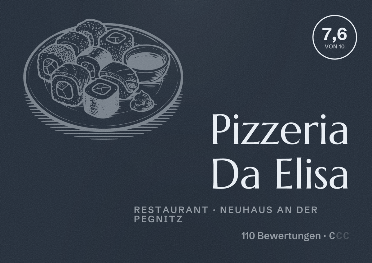 Illustriertes Poster von Pizzeria Da Elisa, Restaurant in Neuhaus an der Pegnitz: Bewertung 7,6 von 10 aus 110 Bewertungen, Preisniveau €