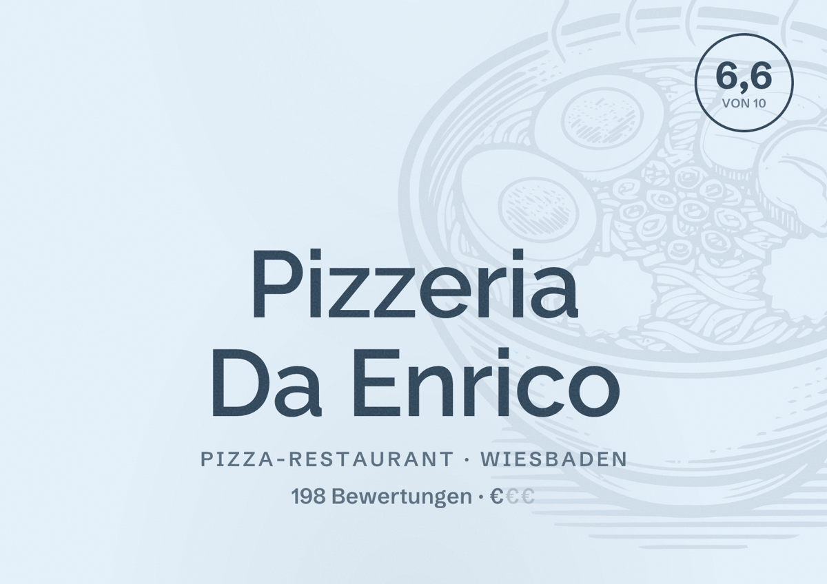 Illustriertes Poster von Pizzeria Da Enrico, Pizza-Restaurant in Wiesbaden: Bewertung 6,6 von 10 aus 198 Bewertungen, Preisniveau €