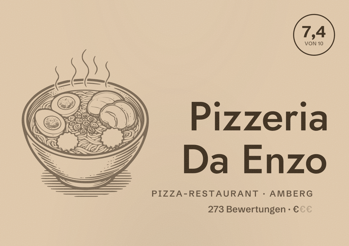 Illustriertes Poster von Pizzeria Da Enzo, Pizza-Restaurant in Amberg: Bewertung 7,4 von 10 aus 273 Bewertungen, Preisniveau €