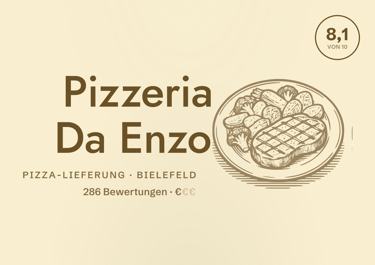 Illustriertes Poster von Pizzeria Da Enzo, Pizza-Lieferung in Bielefeld: Bewertung 8,1 von 10 aus 286 Bewertungen, Preisniveau €