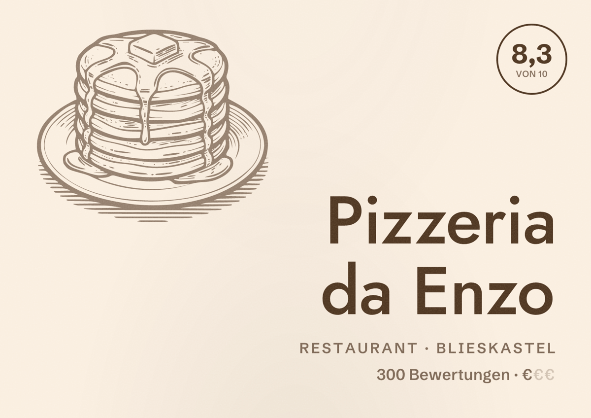 Illustriertes Poster von Pizzeria da Enzo, Restaurant in Blieskastel: Bewertung 8,3 von 10 aus 300 Bewertungen, Preisniveau €