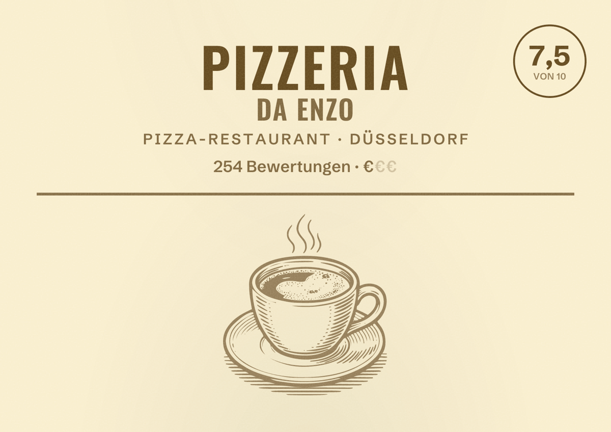 Illustriertes Poster von Pizzeria Da Enzo, Pizza-Restaurant in Düsseldorf: Bewertung 7,5 von 10 aus 254 Bewertungen, Preisniveau €