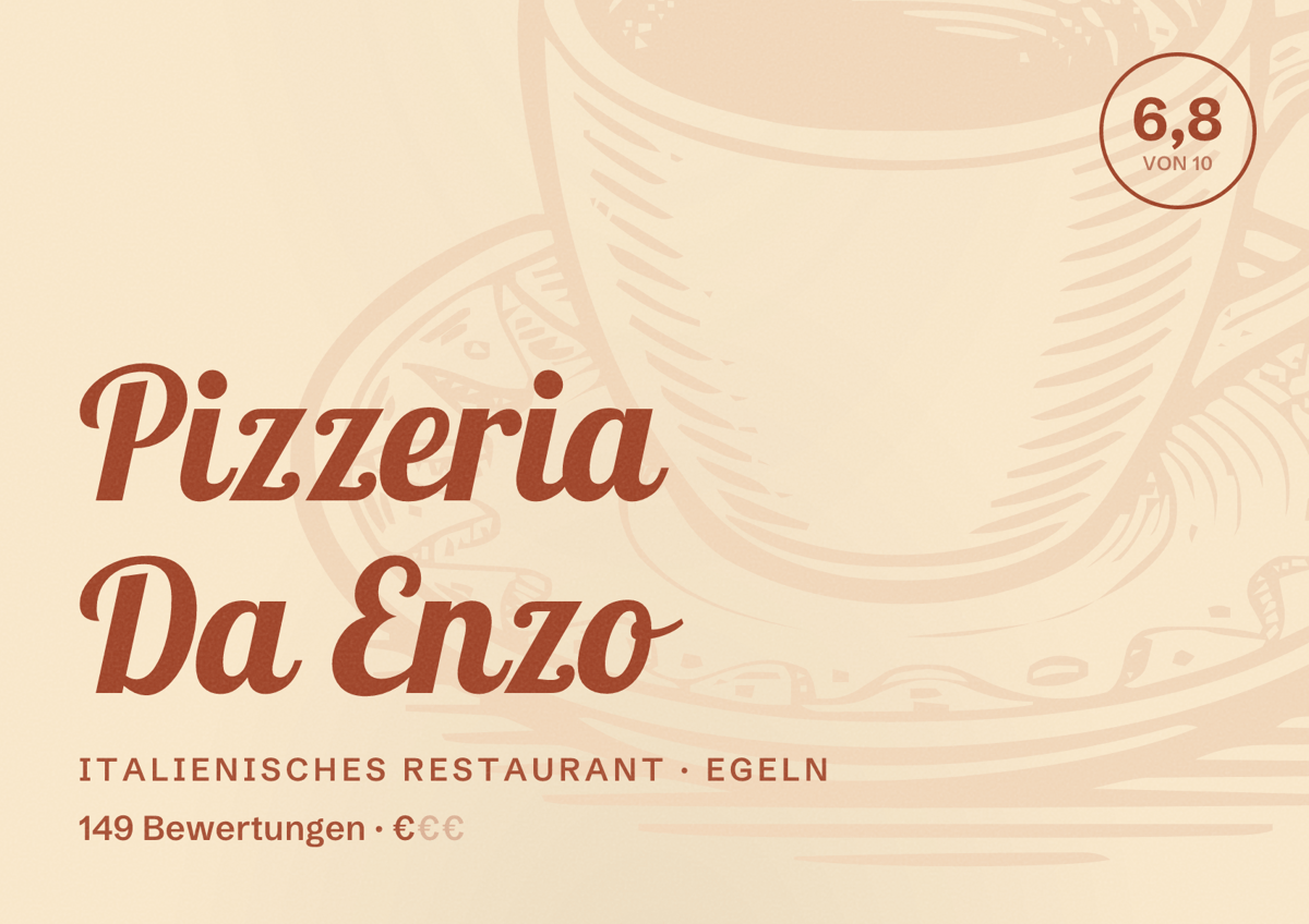 Illustriertes Poster von Pizzeria Da Enzo, Italienisches Restaurant in Egeln: Bewertung 6,8 von 10 aus 149 Bewertungen, Preisniveau €