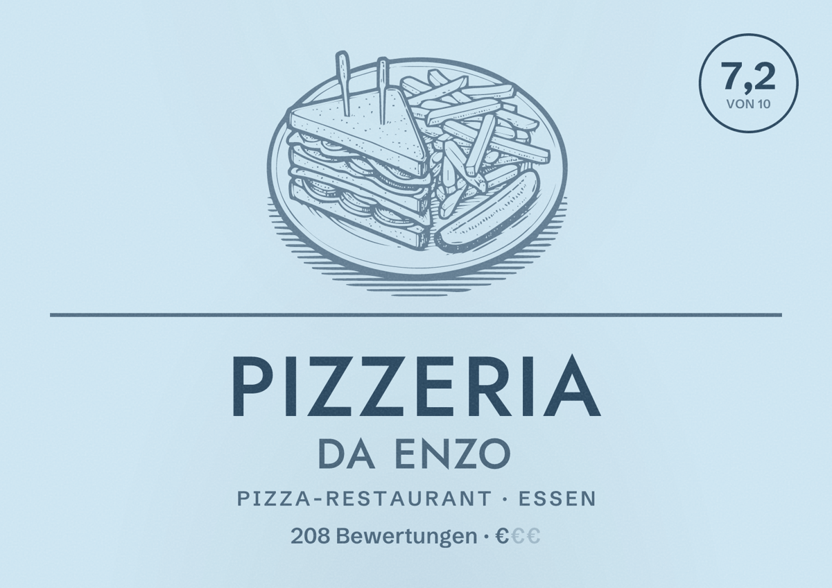 Illustriertes Poster von Pizzeria Da Enzo, Pizza-Restaurant in Essen: Bewertung 7,2 von 10 aus 208 Bewertungen, Preisniveau €
