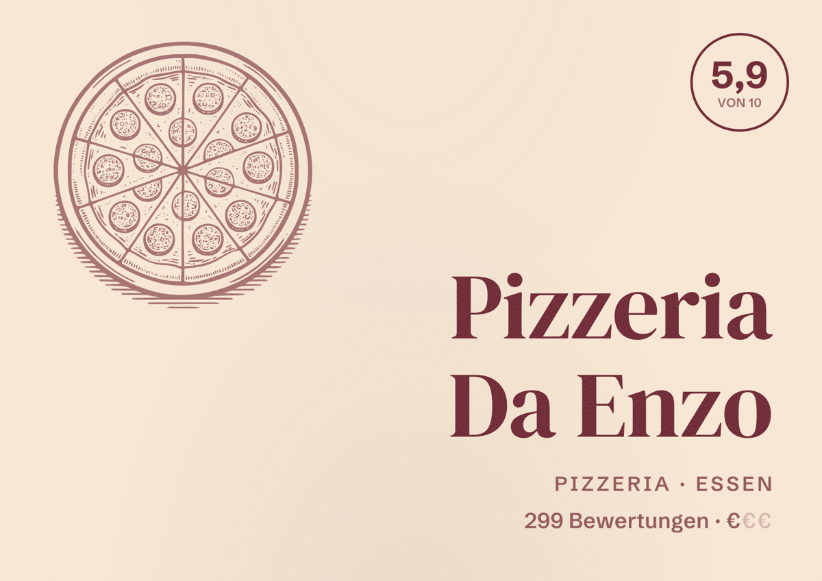 Illustriertes Poster von Pizzeria Da Enzo, Pizzeria in Essen: Bewertung 5,9 von 10 aus 299 Bewertungen, Preisniveau €