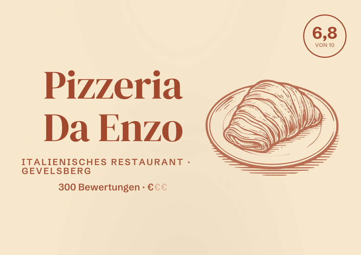 Illustriertes Poster von Pizzeria Da Enzo, Italienisches Restaurant in Gevelsberg: Bewertung 6,8 von 10 aus 300 Bewertungen, Preisniveau €