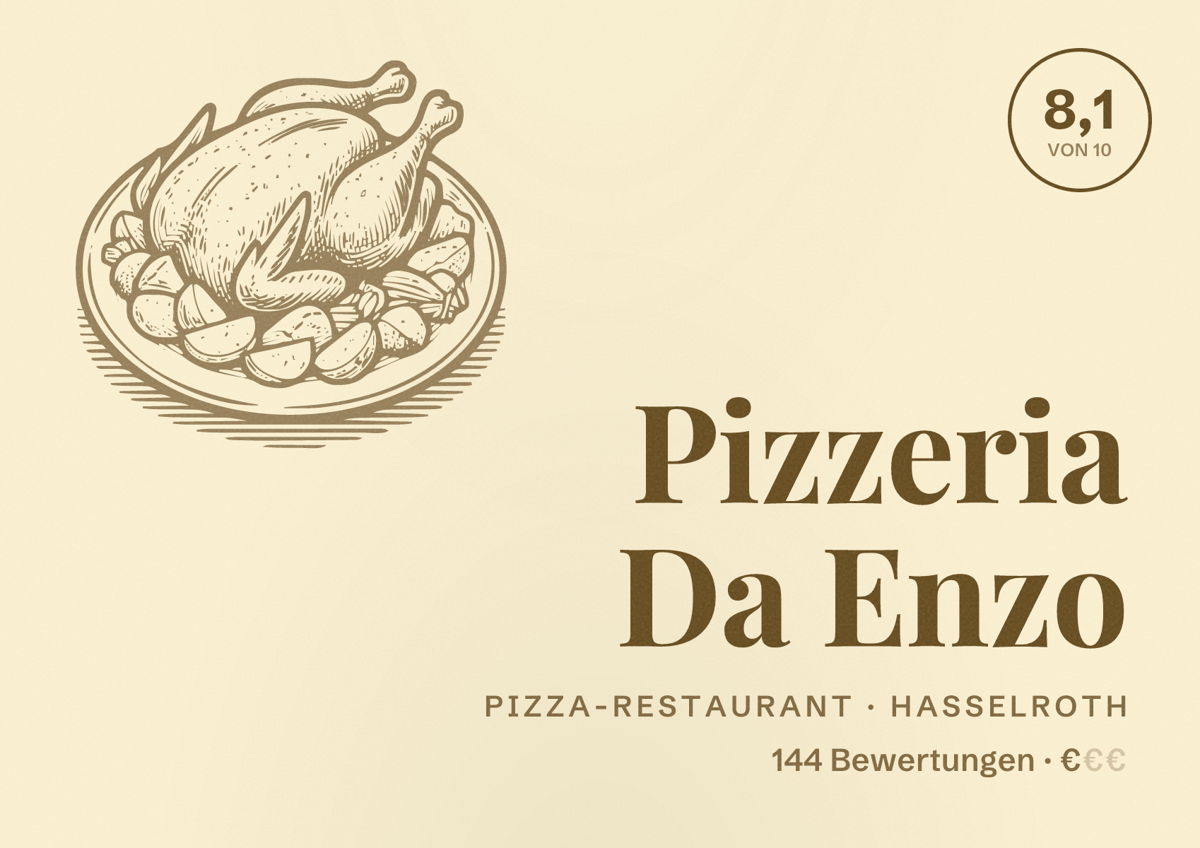 Illustriertes Poster von Pizzeria Da Enzo, Pizza-Restaurant in Hasselroth: Bewertung 8,1 von 10 aus 144 Bewertungen, Preisniveau €