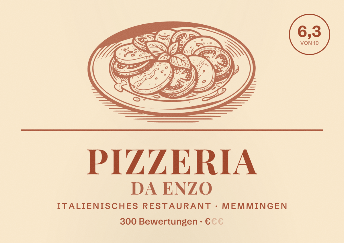 Illustriertes Poster von Pizzeria Da Enzo, Italienisches Restaurant in Memmingen: Bewertung 6,3 von 10 aus 300 Bewertungen, Preisniveau €