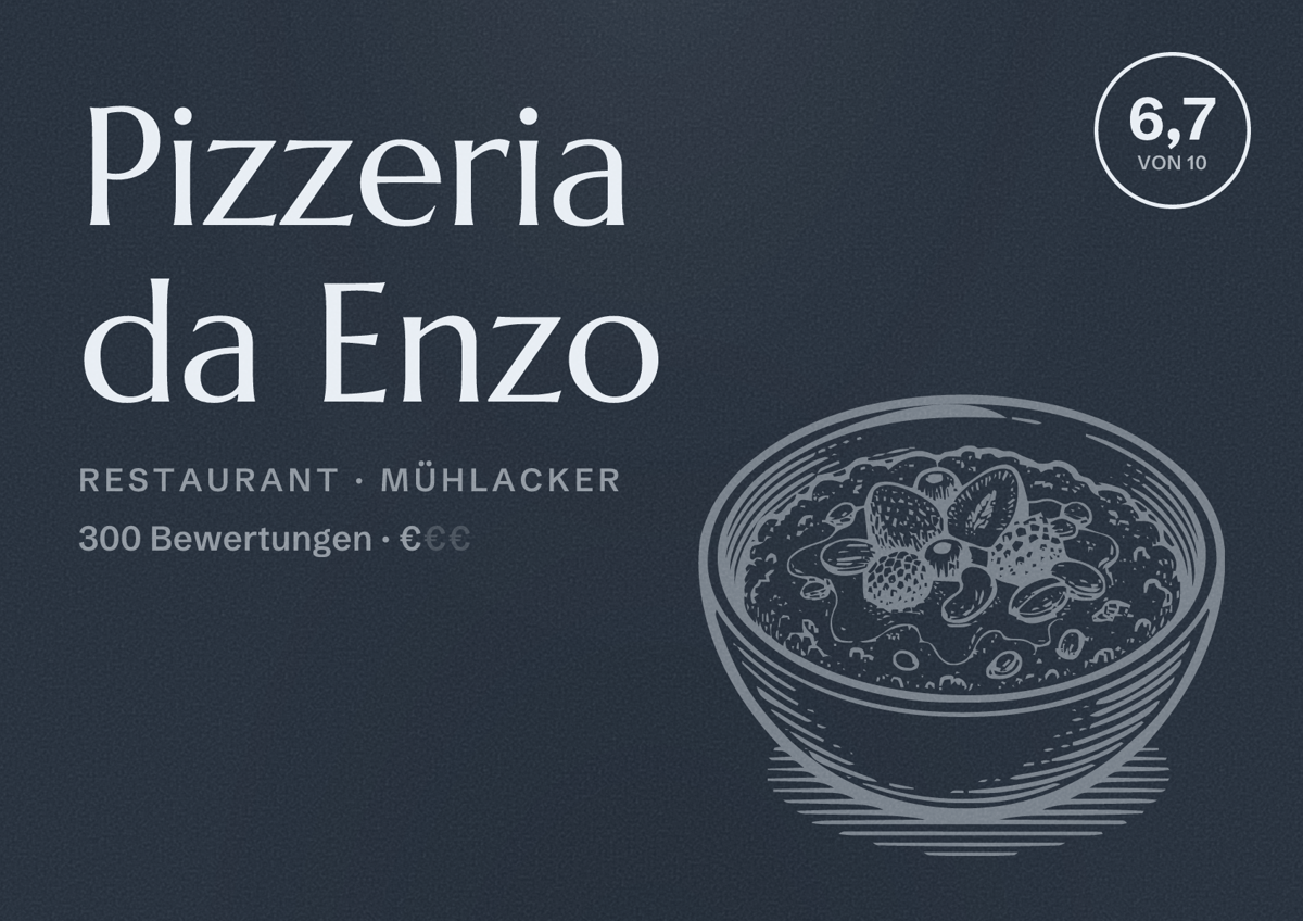 Illustriertes Poster von Pizzeria da Enzo, Restaurant in Mühlacker: Bewertung 6,7 von 10 aus 300 Bewertungen, Preisniveau €