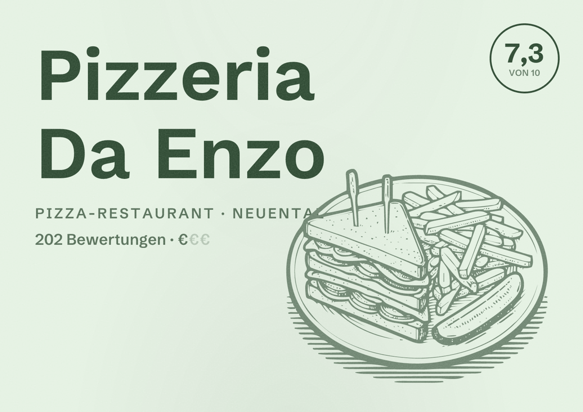 Illustriertes Poster von Pizzeria Da Enzo, Pizza-Restaurant in Neuental: Bewertung 7,3 von 10 aus 202 Bewertungen, Preisniveau €