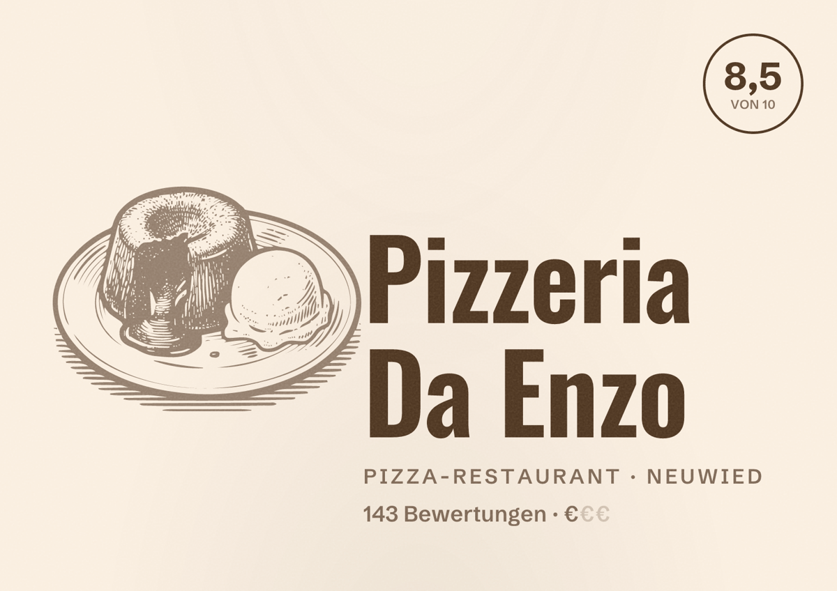 Illustriertes Poster von Pizzeria Da Enzo, Pizza-Restaurant in Neuwied: Bewertung 8,5 von 10 aus 143 Bewertungen, Preisniveau €