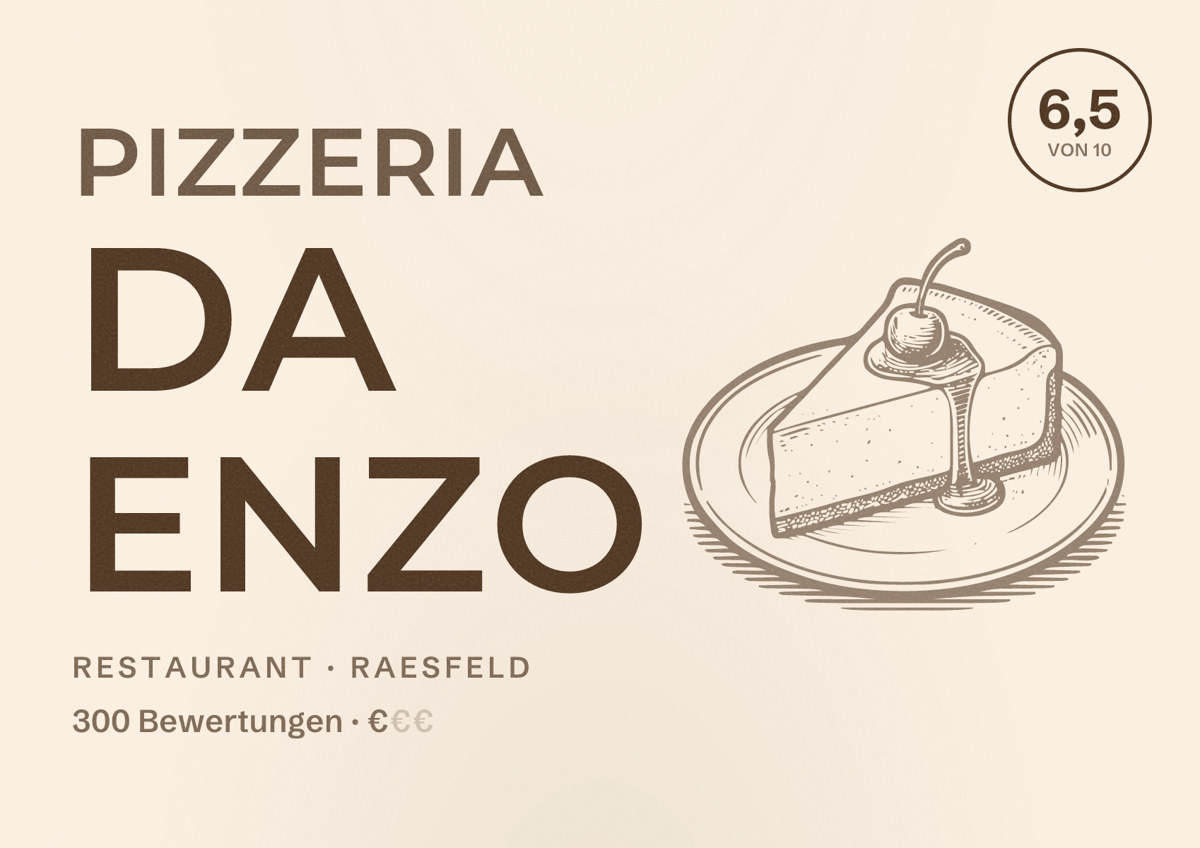 Illustriertes Poster von Pizzeria da Enzo, Restaurant in Raesfeld: Bewertung 6,5 von 10 aus 300 Bewertungen, Preisniveau €