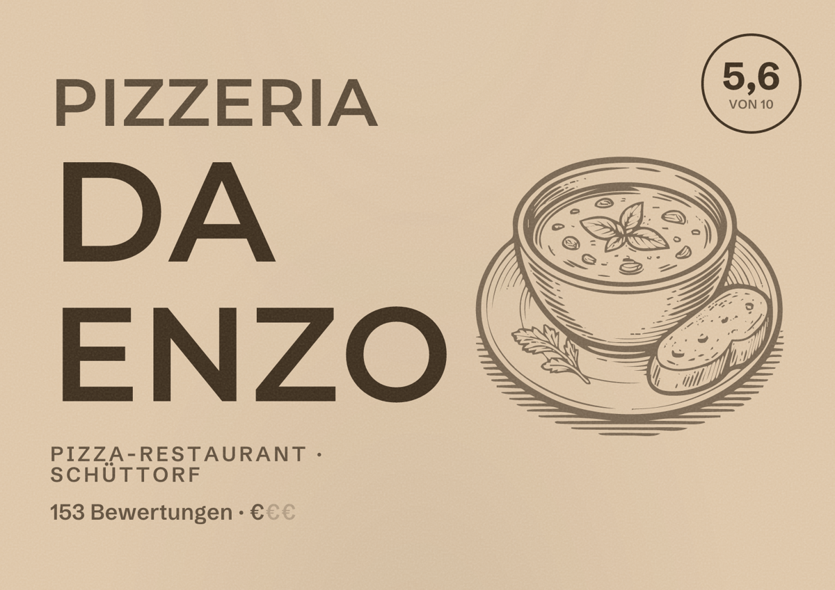 Illustriertes Poster von Pizzeria Da Enzo, Pizza-Restaurant in Schüttorf: Bewertung 5,6 von 10 aus 153 Bewertungen, Preisniveau €