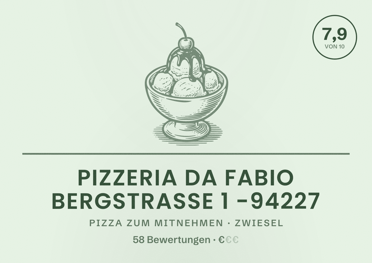 Illustriertes Poster von Pizzeria da Fabio bergstrasse 1 -94227, Pizza zum Mitnehmen in Zwiesel: Bewertung 7,9 von 10 aus 58 Bewertungen, Preisniveau €