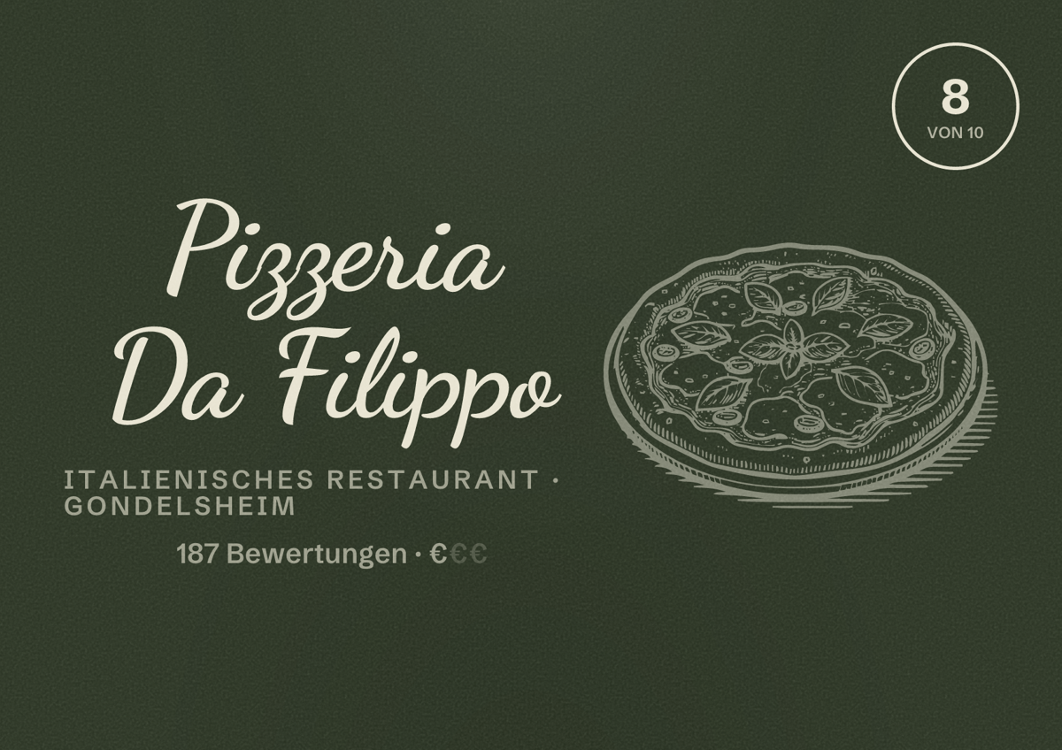 Illustriertes Poster von Pizzeria Da Filippo, Italienisches Restaurant in Gondelsheim: Bewertung 8 von 10 aus 187 Bewertungen, Preisniveau €