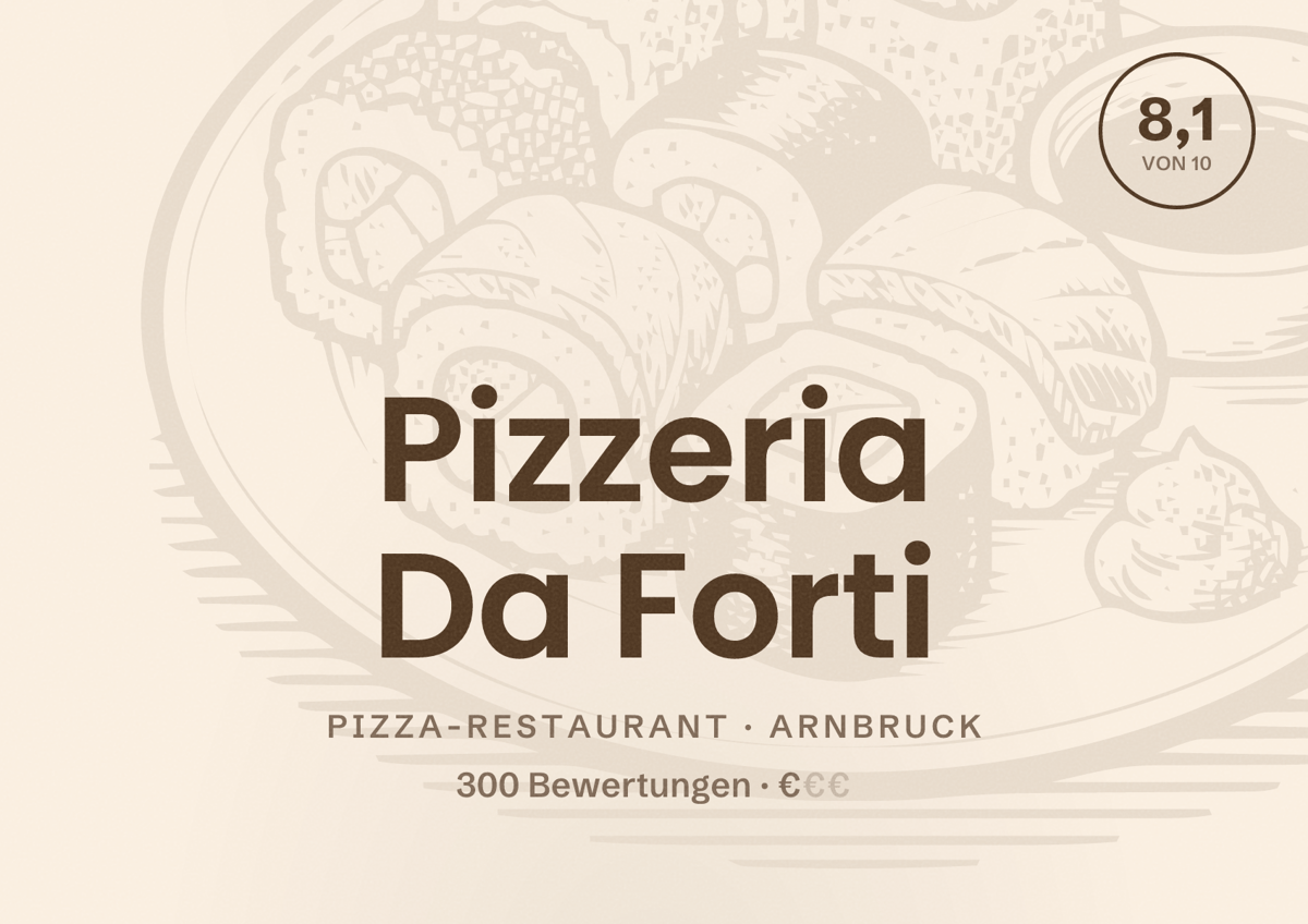 Illustriertes Poster von Pizzeria Da Forti, Pizza-Restaurant in Arnbruck: Bewertung 8,1 von 10 aus 300 Bewertungen, Preisniveau €