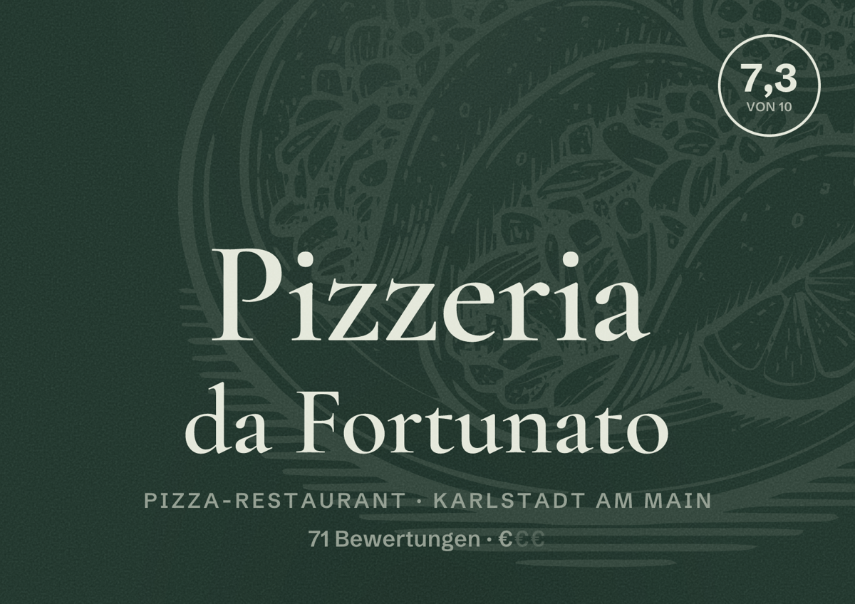 Illustriertes Poster von Pizzeria da Fortunato, Pizza-Restaurant in Karlstadt am Main: Bewertung 7,3 von 10 aus 71 Bewertungen, Preisniveau €