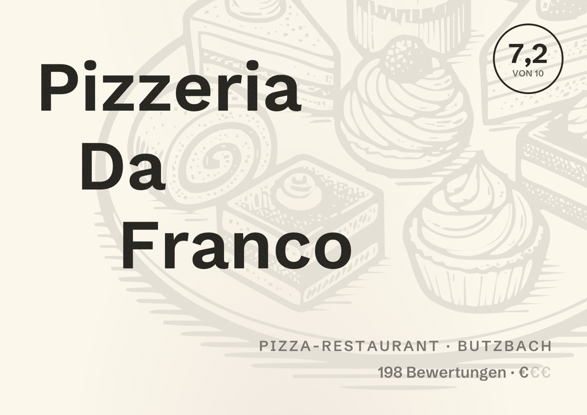 Illustriertes Poster von Pizzeria Da Franco, Pizza-Restaurant in Butzbach: Bewertung 7,2 von 10 aus 198 Bewertungen, Preisniveau €