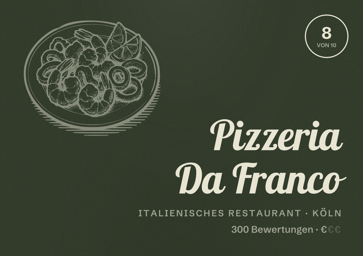 Illustriertes Poster von Pizzeria Da Franco, Italienisches Restaurant in Köln: Bewertung 8,0 von 10 aus 300 Bewertungen, Preisniveau €