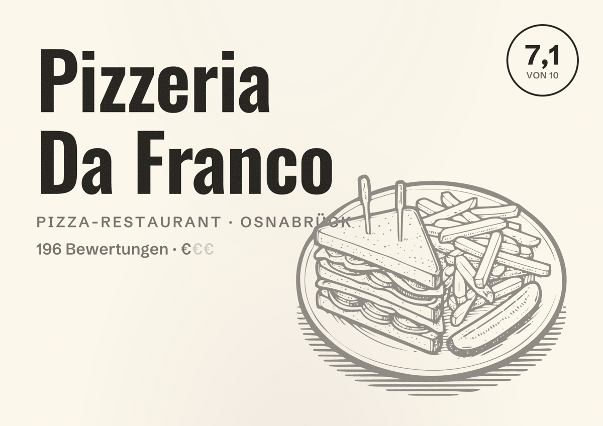 Illustriertes Poster von Pizzeria Da Franco, Pizza-Restaurant in Osnabrück: Bewertung 7,1 von 10 aus 196 Bewertungen, Preisniveau €