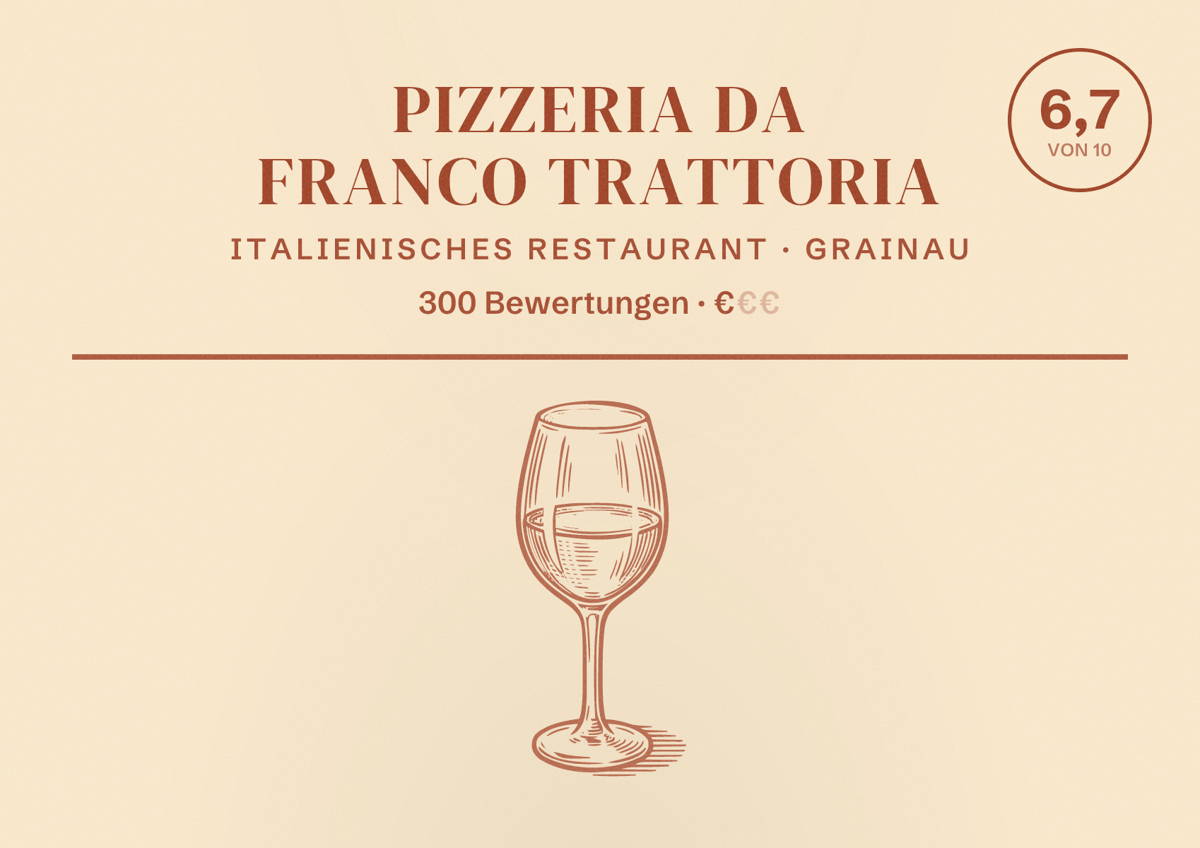 Illustriertes Poster von Pizzeria Da Franco Trattoria, Italienisches Restaurant in Grainau: Bewertung 6,7 von 10 aus 300 Bewertungen, Preisniveau €