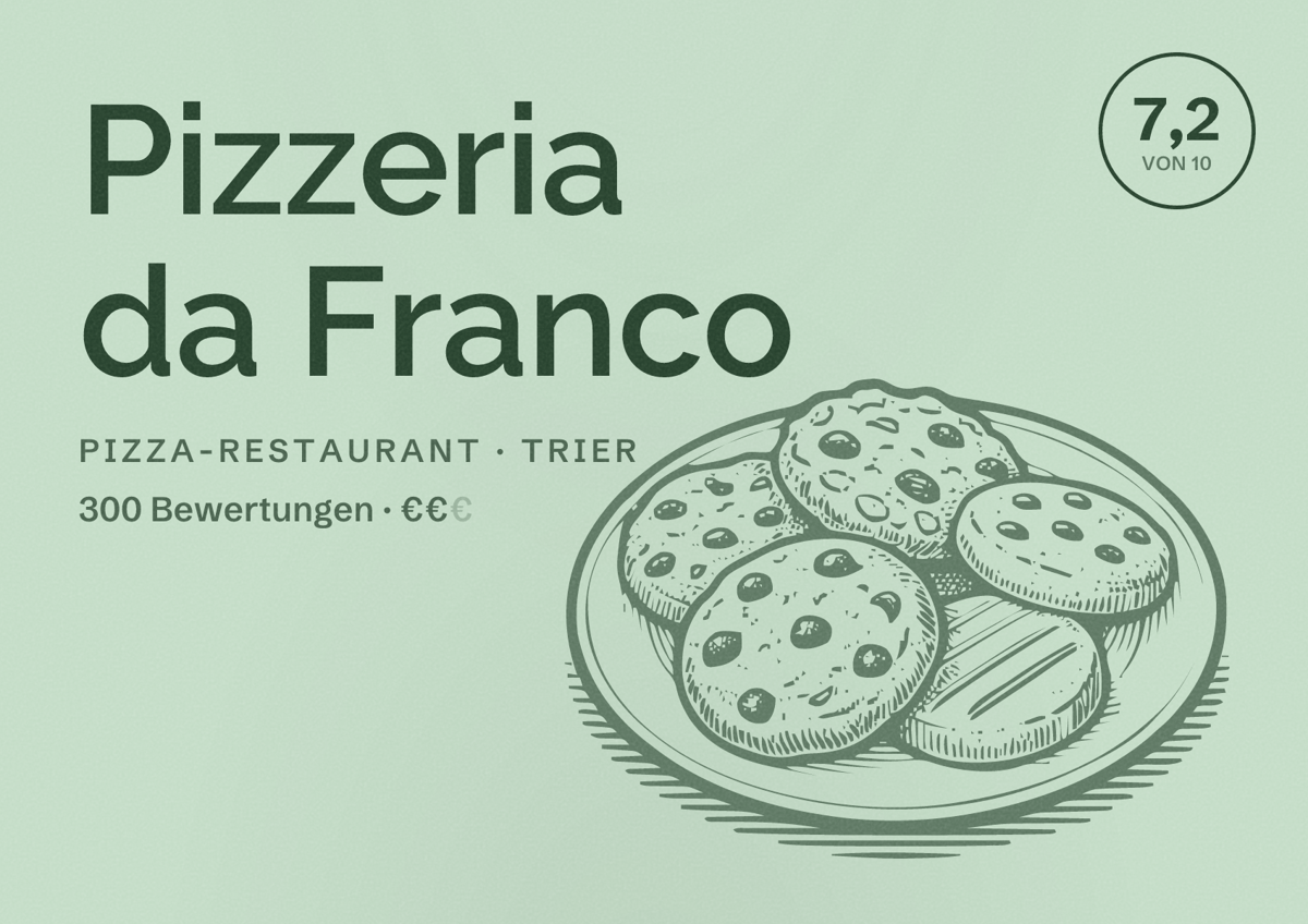 Illustriertes Poster von Pizzeria da Franco, Pizza-Restaurant in Trier: Bewertung 7,2 von 10 aus 300 Bewertungen, Preisniveau €€