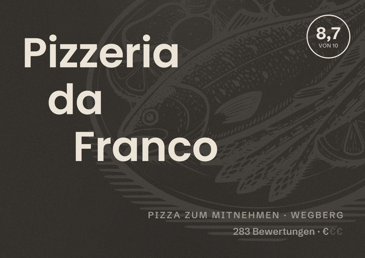 Illustriertes Poster von Pizzeria da Franco, Pizza zum Mitnehmen in Wegberg: Bewertung 8,7 von 10 aus 283 Bewertungen, Preisniveau €