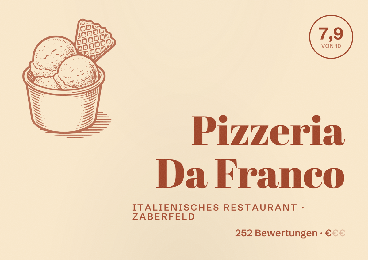 Illustriertes Poster von Pizzeria Da Franco, Italienisches Restaurant in Zaberfeld: Bewertung 7,9 von 10 aus 252 Bewertungen, Preisniveau €