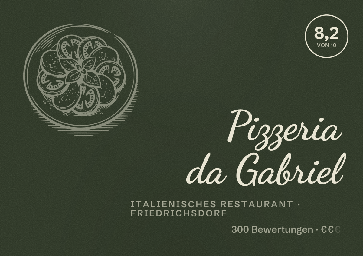 Illustriertes Poster von Pizzeria da Gabriel, Italienisches Restaurant in Friedrichsdorf: Bewertung 8,2 von 10 aus 300 Bewertungen, Preisniveau €€