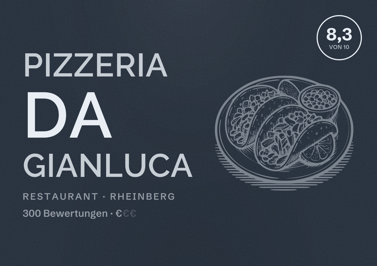 Illustriertes Poster von Pizzeria Da Gianluca, Restaurant in Rheinberg: Bewertung 8,3 von 10 aus 300 Bewertungen, Preisniveau €