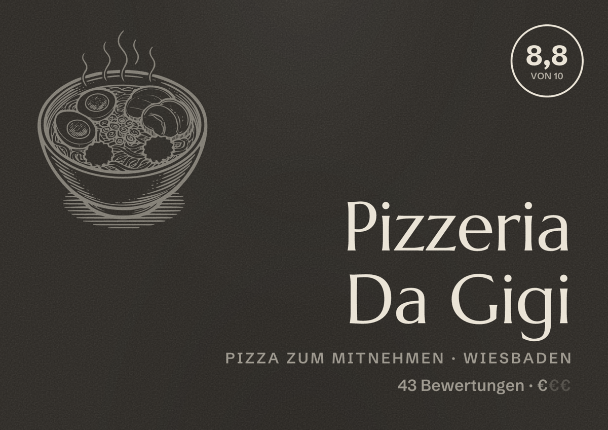 Illustriertes Poster von Pizzeria Da Gigi, Pizza zum Mitnehmen in Wiesbaden: Bewertung 8,8 von 10 aus 43 Bewertungen, Preisniveau €
