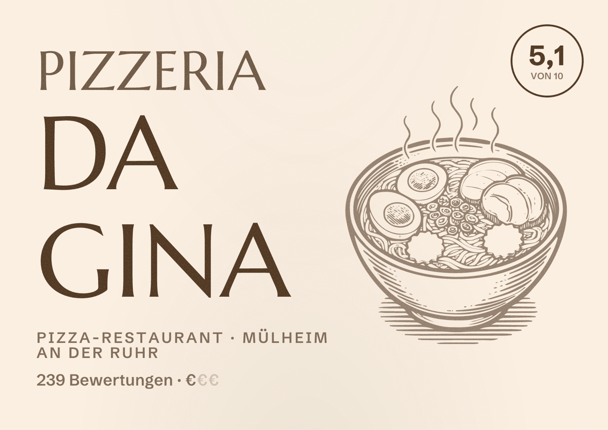 Illustriertes Poster von PIZZERIA DA GINA, Pizza-Restaurant in Mülheim an der Ruhr: Bewertung 5,1 von 10 aus 239 Bewertungen, Preisniveau €