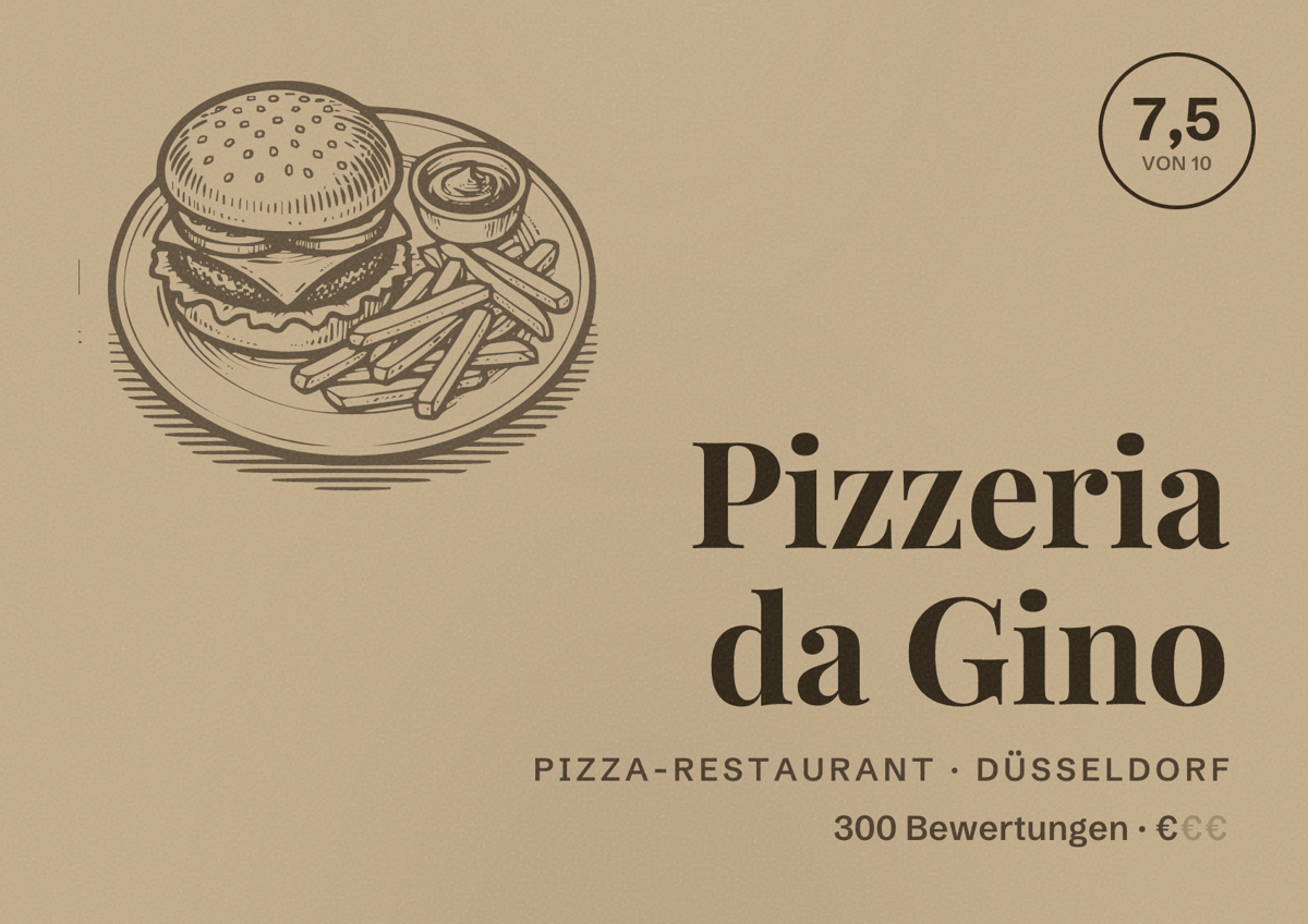 Illustriertes Poster von Pizzeria da Gino, Pizza-Restaurant in Düsseldorf: Bewertung 7,5 von 10 aus 300 Bewertungen, Preisniveau €