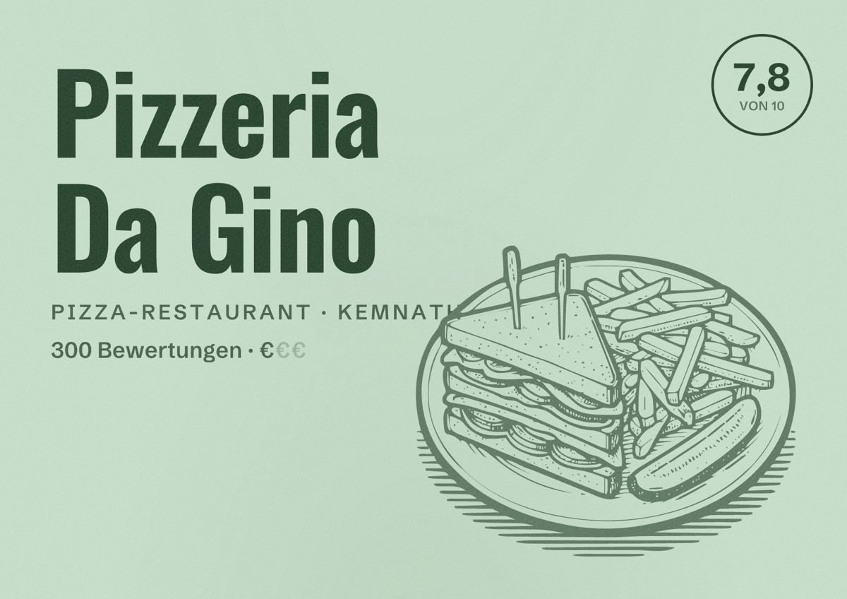 Illustriertes Poster von Pizzeria Da Gino, Pizza-Restaurant in Kemnath: Bewertung 7,8 von 10 aus 300 Bewertungen, Preisniveau €