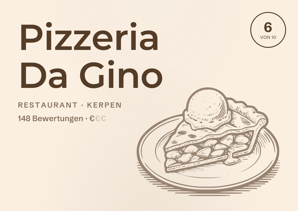 Illustriertes Poster von Pizzeria Da Gino, Restaurant in Kerpen: Bewertung 6 von 10 aus 148 Bewertungen, Preisniveau €