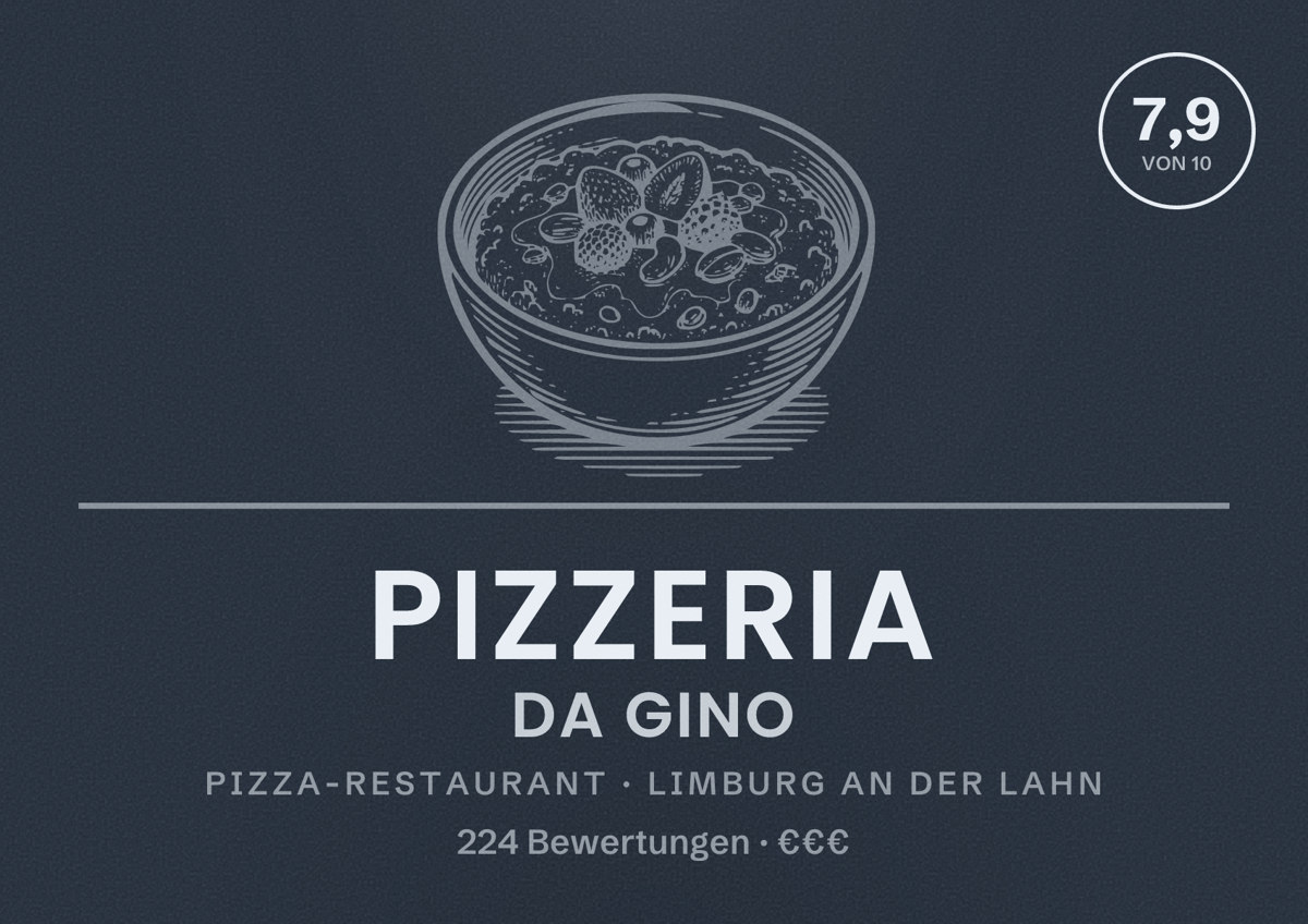 Illustriertes Poster von Pizzeria da Gino, Pizza-Restaurant in Limburg an der Lahn: Bewertung 7,9 von 10 aus 224 Bewertungen, Preisniveau €€€